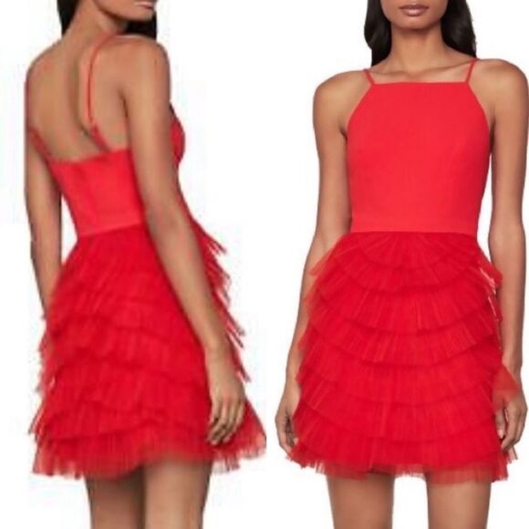 Bcbgmaxazria Sleeveless Red Ruffled Tulle Tiered Party Mini Cocktail Dress Red 0 - Picture 2 of 7